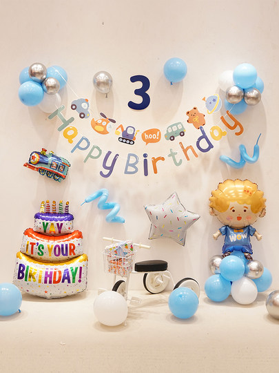 Birthday layout boy baby car traffic theme children's party one-year-old scene decoration balloon background wall