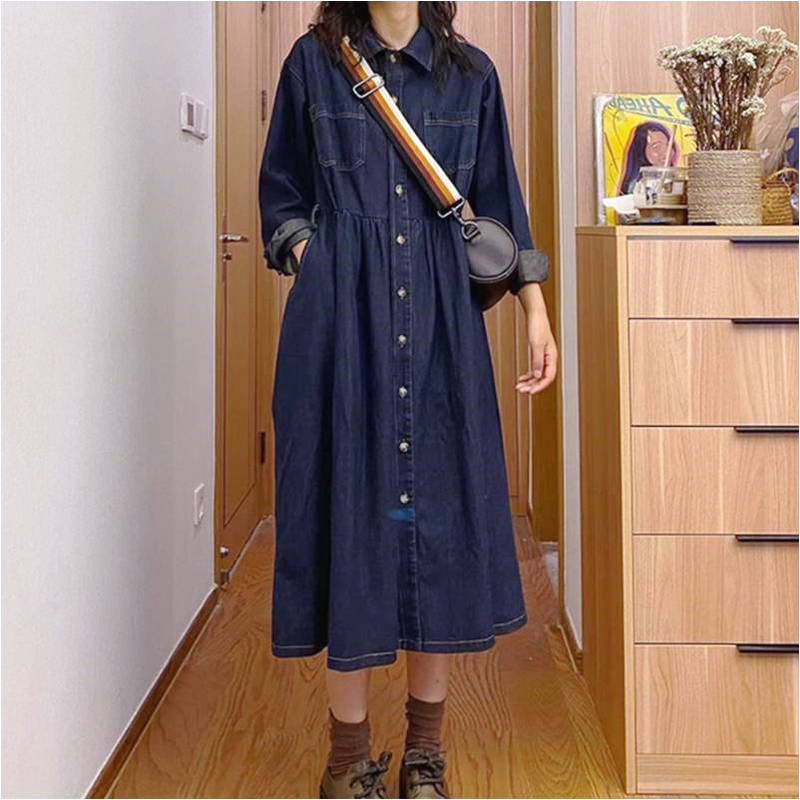 Spring and Autumn Sweet and Versatile High-End Long-Sleeved Denim Shirt Dress for Women, Over-The-Knee Long Loose Slimming Polo Dress Spring and Autumn Sweet and Versatile High-End Long-Sleeved Denim Shirt Dress for Women, Over-The-Knee Long Loose Slimming Polo Dress