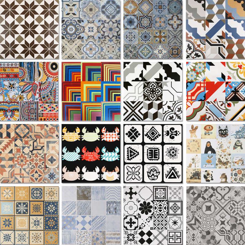 Small flower brick 600X600 imitation ancient brick American retro ground dining room Café KTV black and white floor tiles background wall brick