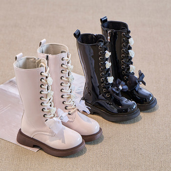 Girls' Shoes, Kidsren's Boots, 2024 New Autumn and Winter Models, Double Cotton Fleece-Lined Princess High-Top Fashion Leather Boots