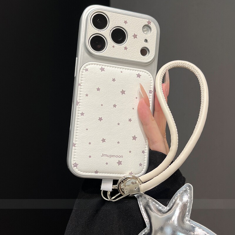 ins Simple Style with Polka Dots and Stars, Suitable for Apple 17Promax Phone Case, Leather with Wrist Strap, Iphone17 16 15 Full Coverage, High-End Feel, 16Promax Instantly Transforms into a Large Window Protective Case