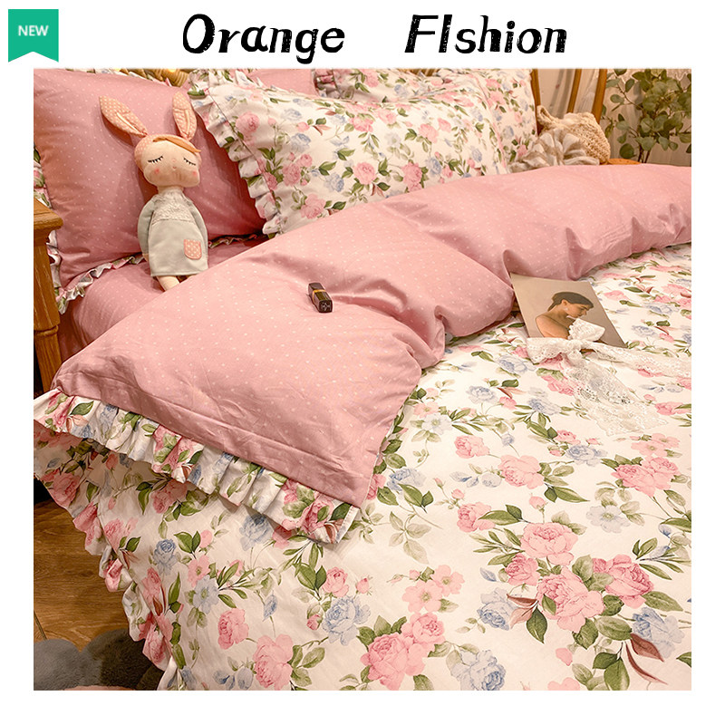A four - piece set of 100 - piece cotton princess wind paddy high - end bed with three - piece women