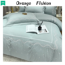 Eurostyle high-end minimalist long suede cotton four pieces of pure cotton pure color bed linen embroidered spring autumn quilt with hood full cotton advanced sensation