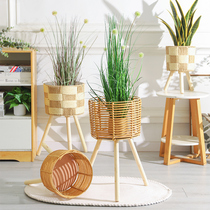 Nordic solid wood rattan flower stand living room sofa side table floor-standing bamboo storage rack balcony pothos flower pot shelf