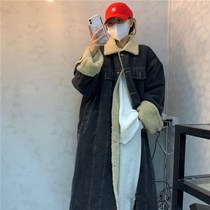Lamb coat womens long style plus velvet padded cotton jacket Korean loose cotton padded jacket winter denim warm and thin