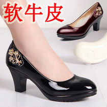 Back Force Mom Shoes Single Shoes Genuine Leather New Spring Autumn Women Shoes Middle lady Heel Leather with Heel Leather Heel Shoes