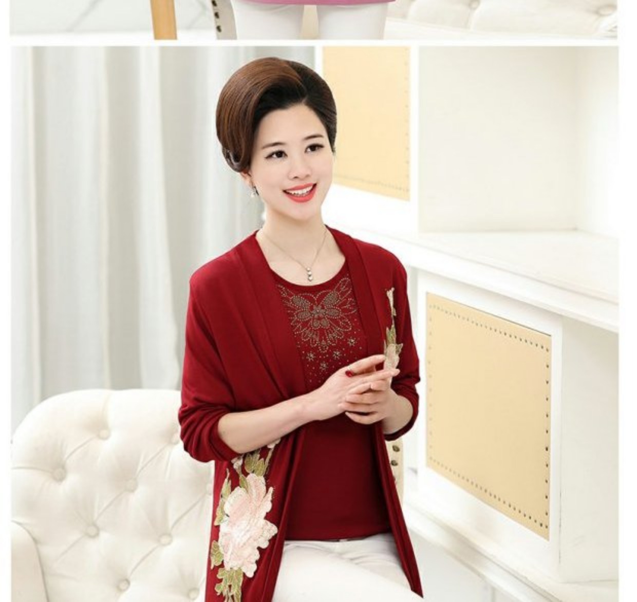 Áo phông nữ trung niên mùa xuân và mùa hè Áo thun hai dây dài tay dệt kim - Quần áo của mẹ đầm u40 sang trọng