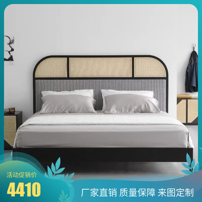 Nordic new designer rattan chidori bed and breakfast hotel model room with soft double light luxury fabric bed