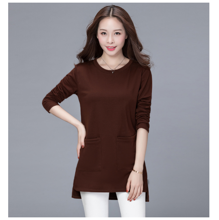 Quần áo Fei Po mùa xuân và mùa thu mặc áo sơ mi chạm đáy mẹ trung niên béo MM cộng với phân bón XL áo hở bụng của phụ nữ đầm u60