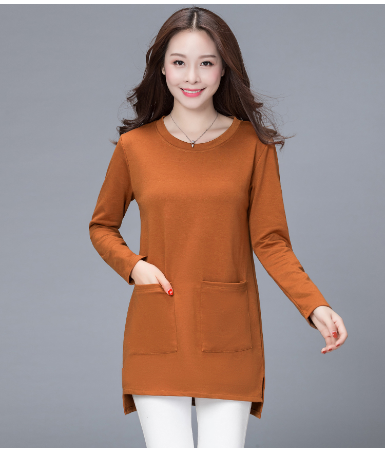 Quần áo Fei Po mùa xuân và mùa thu mặc áo sơ mi chạm đáy mẹ trung niên béo MM cộng với phân bón XL áo hở bụng của phụ nữ đầm u60