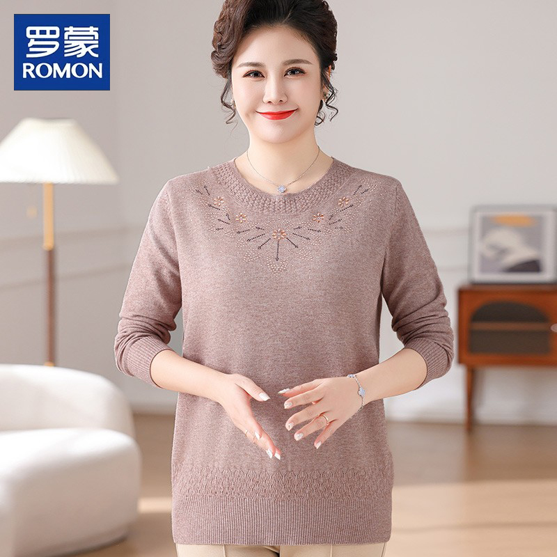 Romon Plus-Size Autumn Base Shirt for Middle-Aged and Elderly Women, Spring and Autumn Large-Size Sweater T-Shirt 100kg Stylish Top