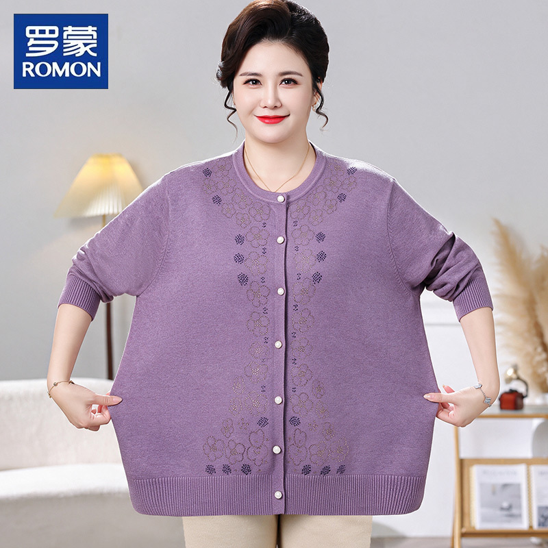 Romon Plus-Size Women's Spring and Autumn Loose Sweater Cardigan for Middle-Aged and Elderly Women, Extra Large Size, Thin Coat 100kg Romon Plus-Size Women's Spring and Autumn Loose Sweater Cardigan for Middle-Aged and Elderly Women, Extra Large Size, Thin Coat 100kg