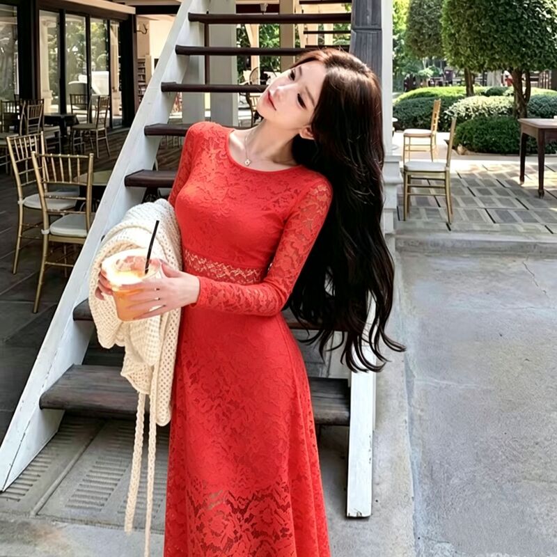 French-Style Red Lace Long-Sleeve Women's Round-Neck Hollow-Out Slim-Fit Flared Dress for a Banquet, Exuding Elegance