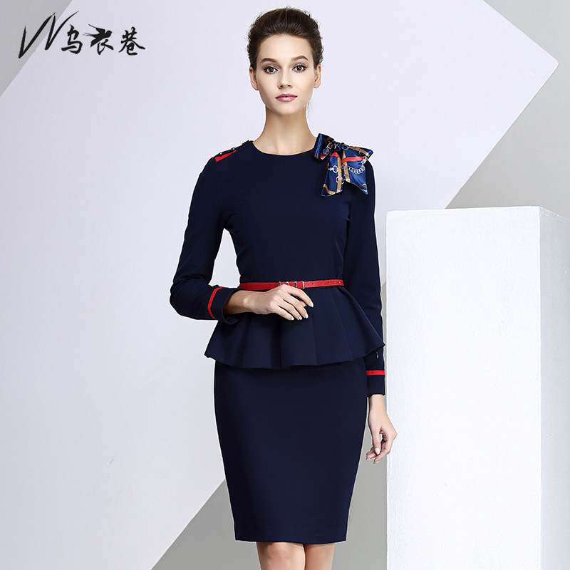 Wuyi Lane spring and autumn stewardess uniform fashion dark blue hit red professional women's suit pants temperament OL skirt overalls