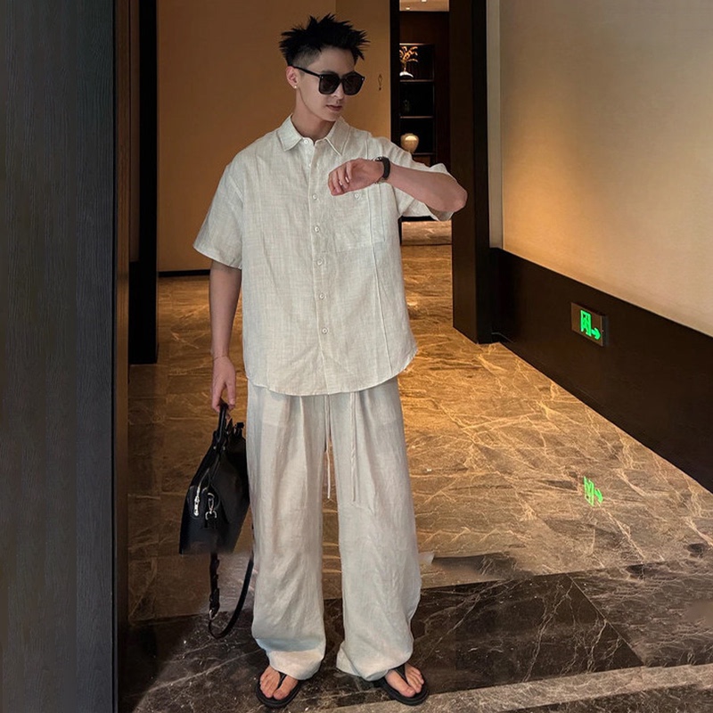 Old Money Style Linen Suit for Men, Summer Vacation Style, Relaxed Outfit, Cotton and Linen Short-Sleeved Long Pants, Casual Complete Set Old Money Style Linen Suit for Men, Summer Vacation Style, Relaxed Outfit, Cotton and Linen Short-Sleeved Long Pants, Casual Complete Set