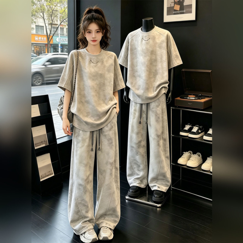 Casual Sports Suit for Men, Summer Ice Silk Tie-Dye Short-Sleeved Wide-Leg Pants, Korean Style High-End and Stylish Two-Piece Outfit