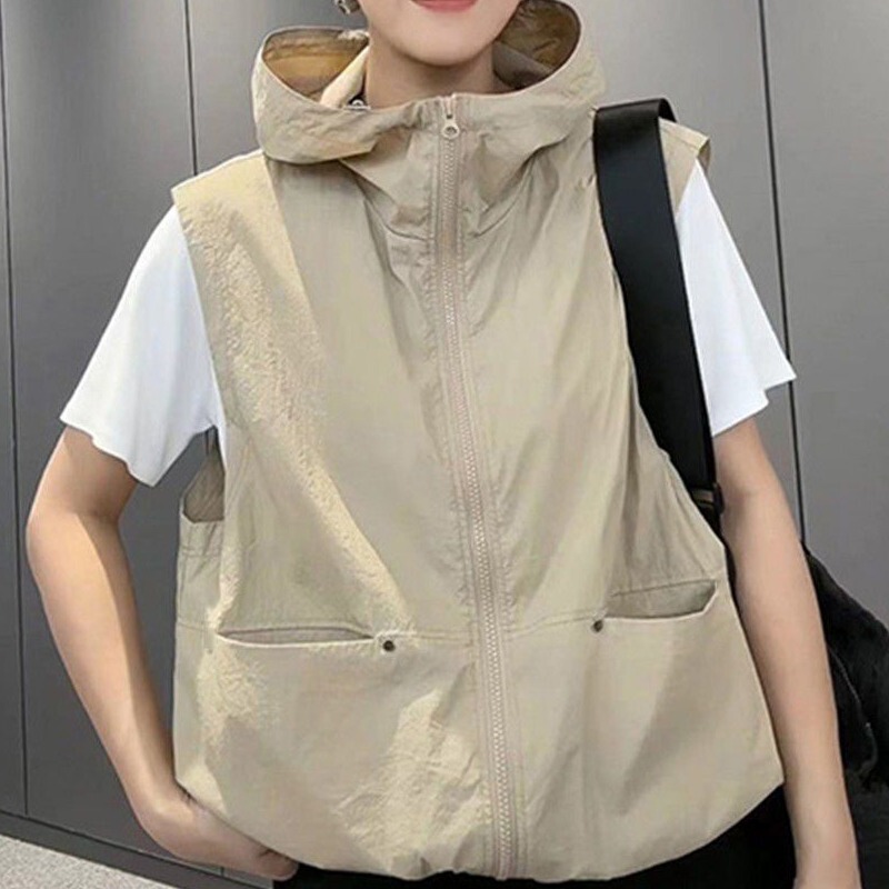European-Style Sun-Protective Hooded Vest Jacket for Women, 2025 Summer New Design, Loose Sleeveless Hooded Breathable Top