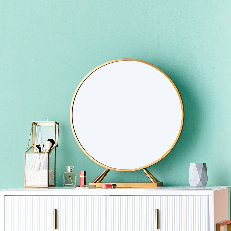 Nordic creative Gold makeup mirror Stainless steel round makeup mirror with base Makeup table mirror Bedroom mirror