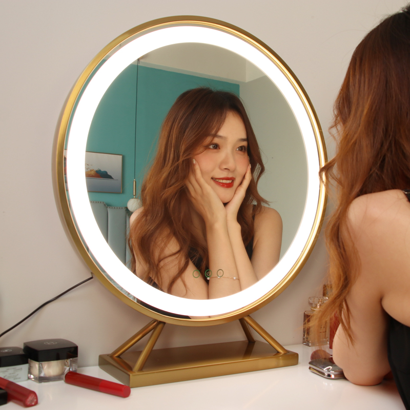 Net red led makeup mirror ins wind gold stainless steel round light mirror Nordic dresser tri-color belt light mirror