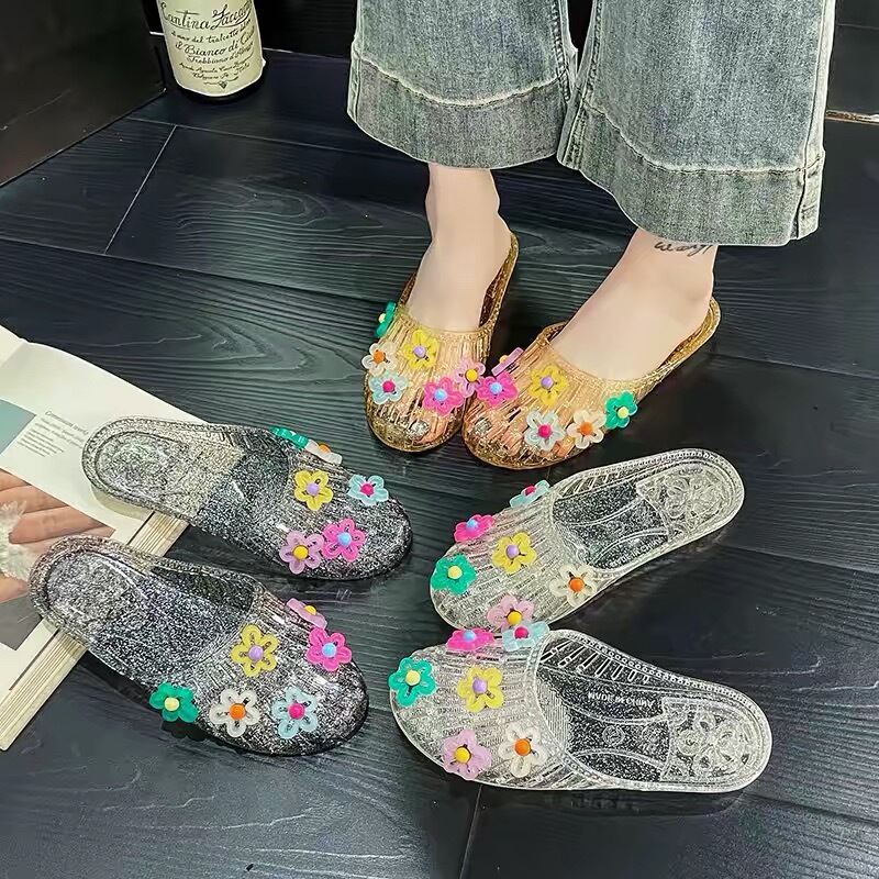 Summer Crystal Slippers Sandals Flat Transparent Popular Outdoor Jelly Shoes 2026 Soft Sole Indoor Closed-Toe Women's Shoes