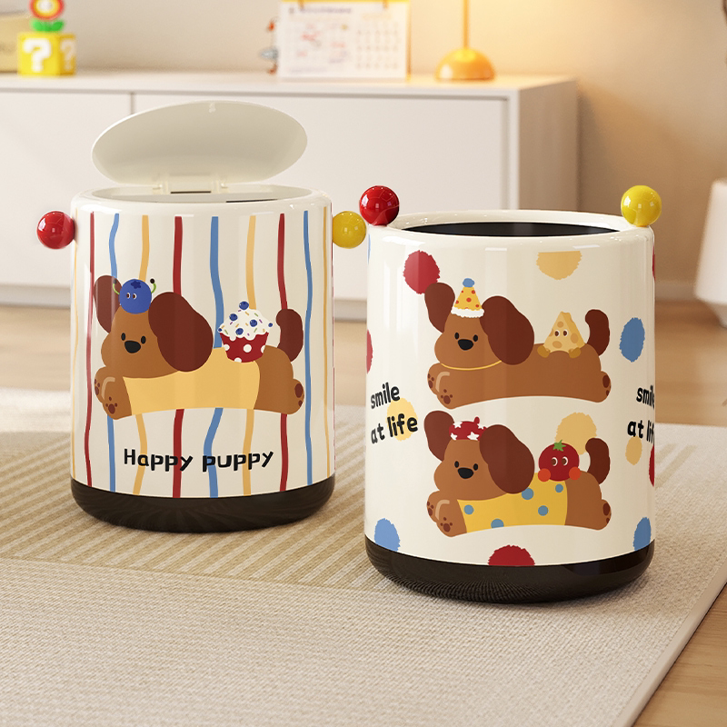 Meishida Trash Can for Home Use, High Aesthetic Cartoon Dopamine Cream Style, Large Size with Lid for Living Room and Bedroom