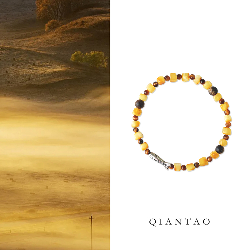 Qiantao「Fishing Song at Night」Original Chinese Natural Beeswax Bracelet Couple Agarwood Tiger Eye Stone Wealth-Attracting Gift