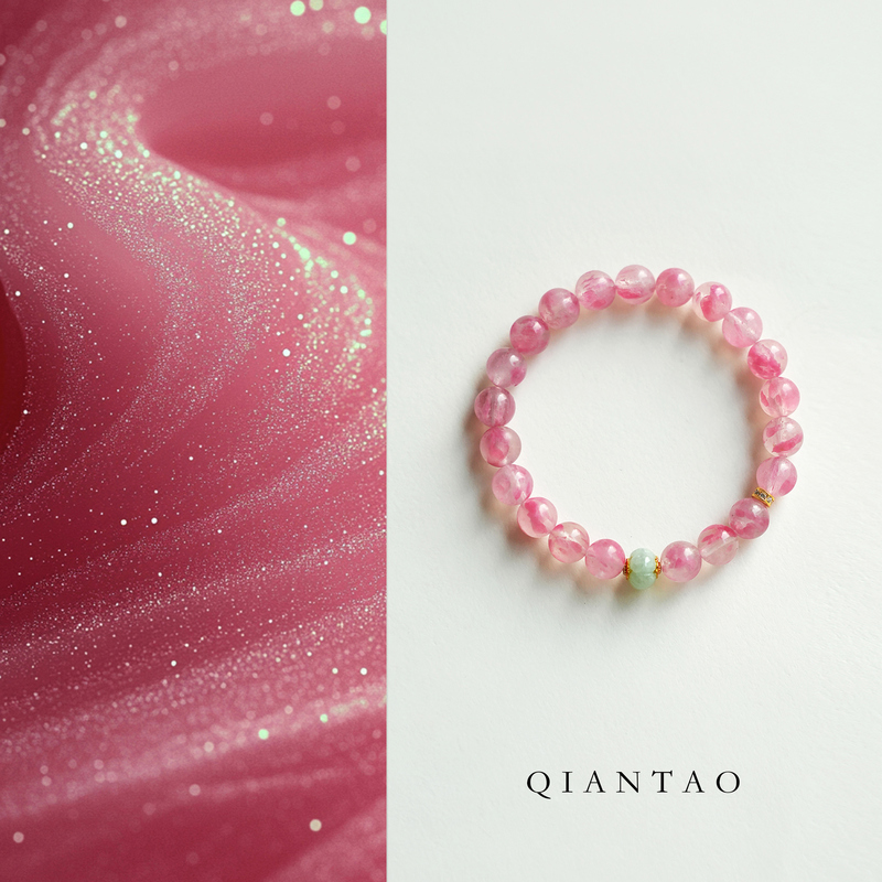 Qiantao's Original Chinese-Style Natural High-Quality Cherry Blossom Rose Stone Powder Crystal Bracelet for Women as a Gift