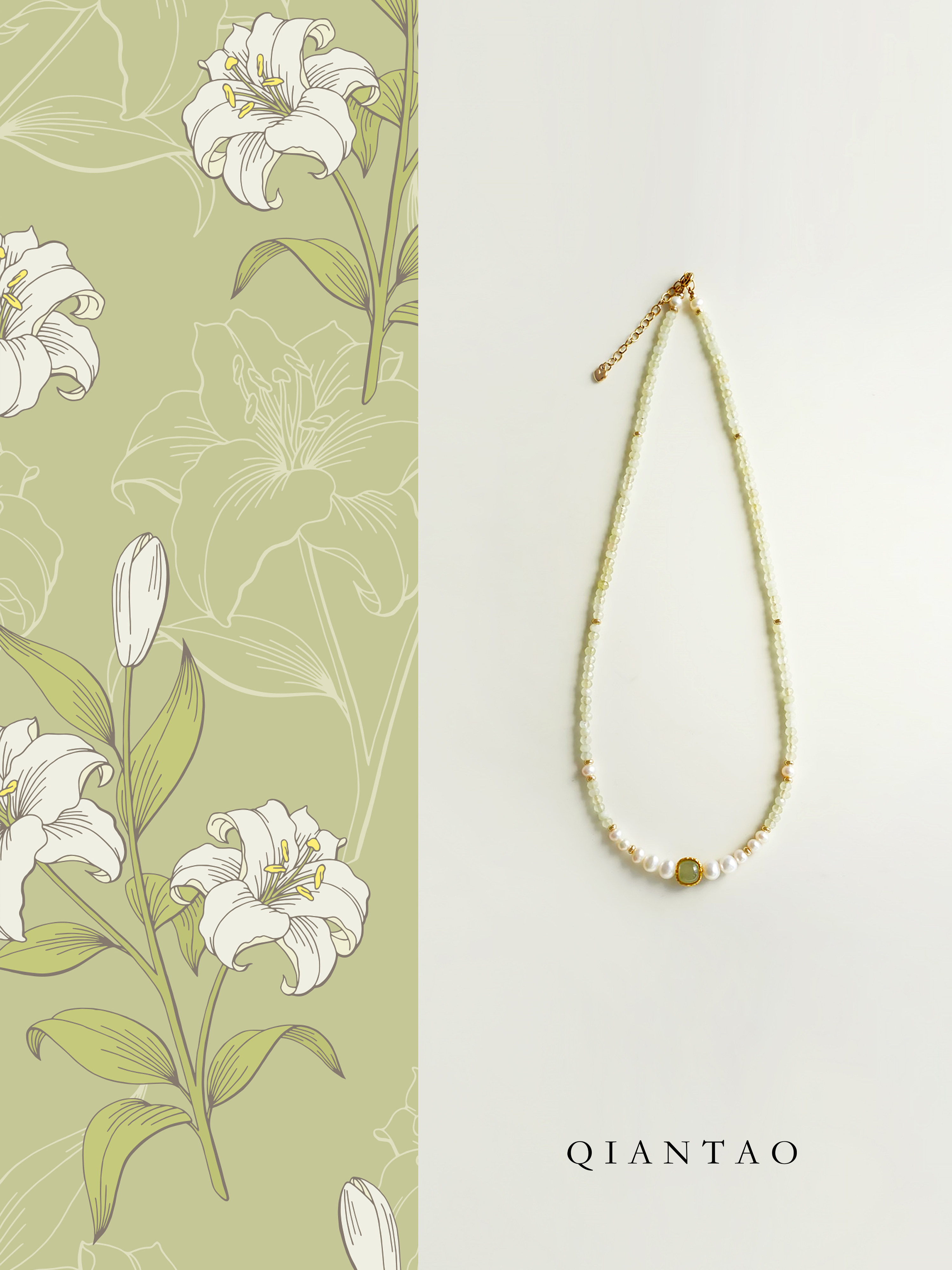 Qiantao「Xishan Yue」Original Natural Chalcedony Freshwater Pearl and Hetian Jade Necklace Birthday Gift