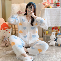 Sandro Vicari Pajamas Women's Fall Winter Milk Fleece Warm Soft V-Neck Love Peach Home Clothes Two-Piece Set