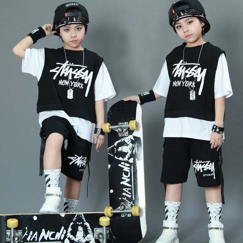 Boy Sports Suit Black White Children Jazz Rack Subdrum 61 Acting Out Girl Hip Hop Street Dance Wave Summer Clothing