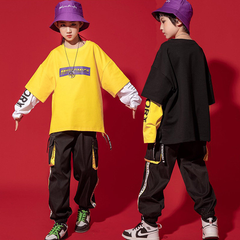 Boys hip-hop hip-hop clothing yellow and black sweater girls overalls trousers children's sports jazz drum set