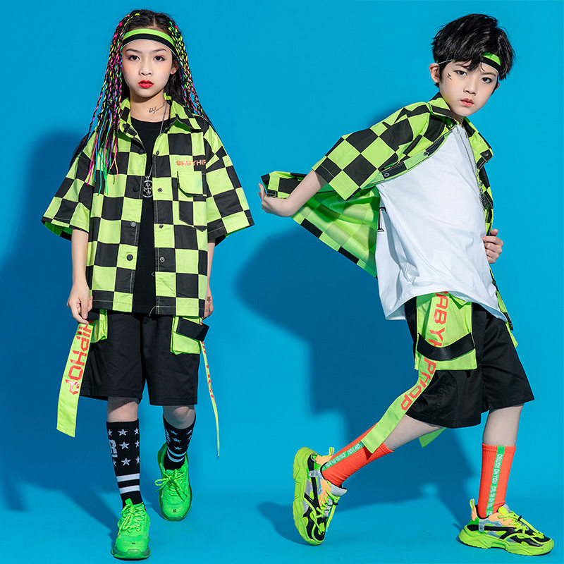 Children's Hip Hop Black and Green Plaid Shirt Boys Hip-hop Suit Girls Jazz Drum Children's Catwalk Costumes