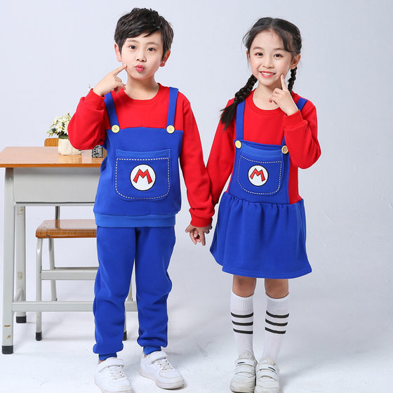 Children's clothing for Children's Day performance clothing for boys and girls, baby cartoon Super Mario suit, children's long-sleeved two-piece set, brother and sister outfit