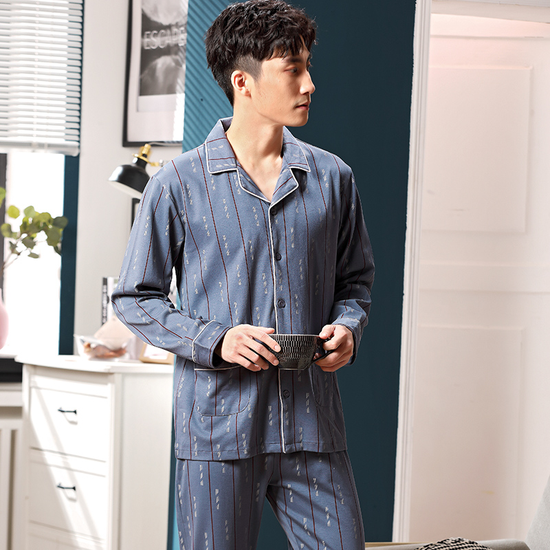 Pyjama nam mùa xuân và mùa thu mùa xuân bông cotton mùa xuân trẻ mỏng mùa xuân quần áo đàn ông một tập hợp các thanh thiếu niên bông mùa thu dài tay đất.