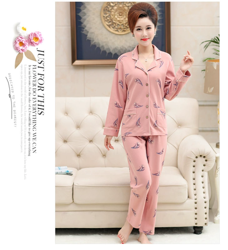 Bộ đồ ngủ của mẹ mùa thu cotton nữ dài tay trung niên và phụ nữ mặc quần áo gia đình cỡ lớn