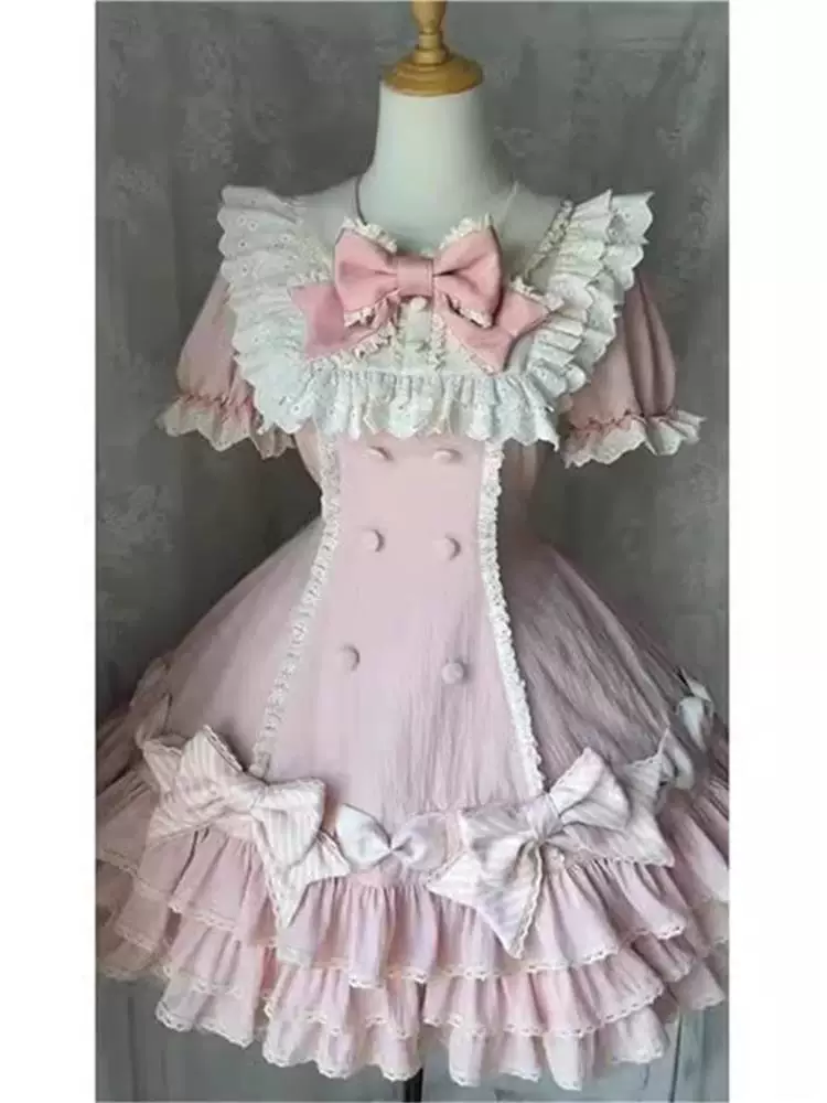 Полосатая многослойная Lolita, Lolita-розовый торт Юбка, милая и сладкая принцесса, платье-свитера с коротким рукавом OP, юбка на день рождения весна и осень