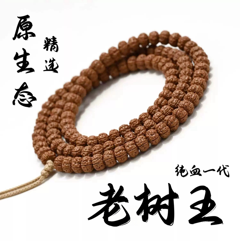 Purebred Old Tree Wang Wuli Da Small Rudraksha 108 Natural Bodhi Seed Prayer Beads with Double Dragon Pattern, Short Stem, 108 Pieces
