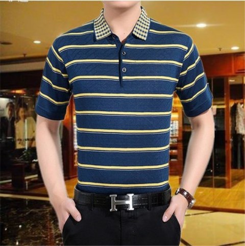 Mùa hè nam trung niên nam lụa ngắn tay áo thun cotton cotton màu rắn lỏng với cổ áo bố 40-50 tuổi áo thun unisex