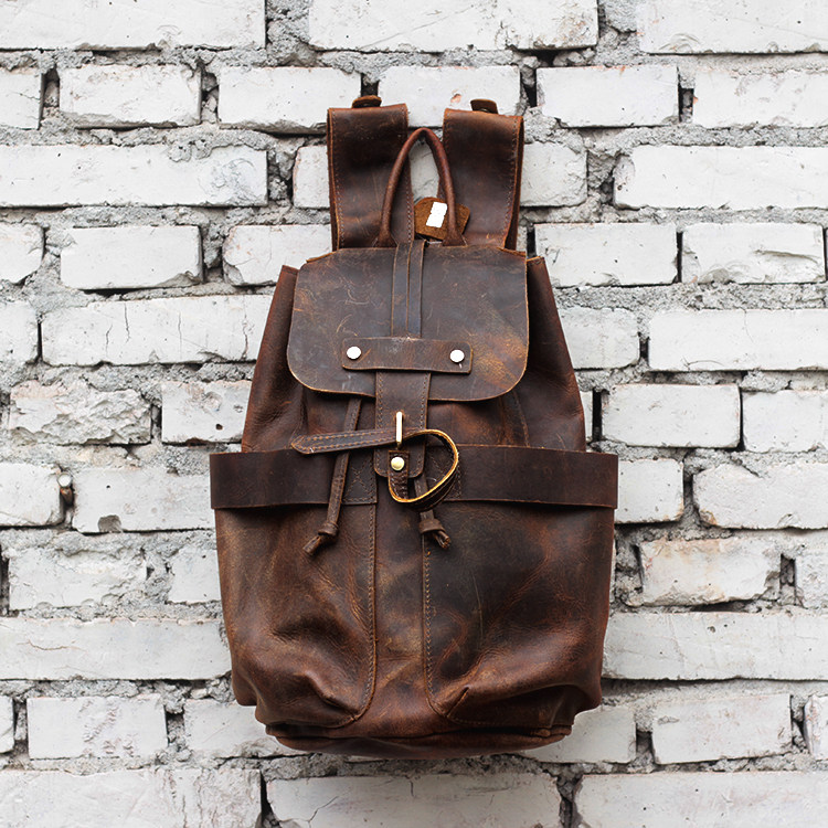 Retro handmade genuine leather double shoulder bag mad horse leather male and female travel bag headpack head layer cow leather bag locomotive riding bag-Taobao