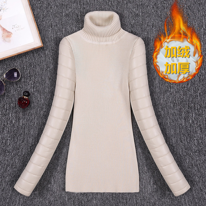 Women's Winter Turtleneck Slim-Fit Base Layer with Fur, Fleece-Lined and Thickened, White down Cotton Sleeves, Leather Sleeves Sweater
