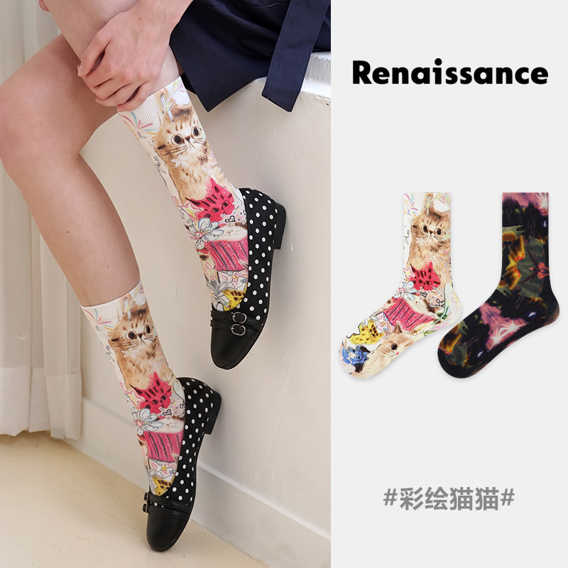 Renaissance Original Women's Socks Autumn and Winter New Digital Print Colorful Cat Design Trendy Seamless Socks for Women Renaissance Original Women's Socks Autumn and Winter New Digital Print Colorful Cat Design Trendy Seamless Socks for Women