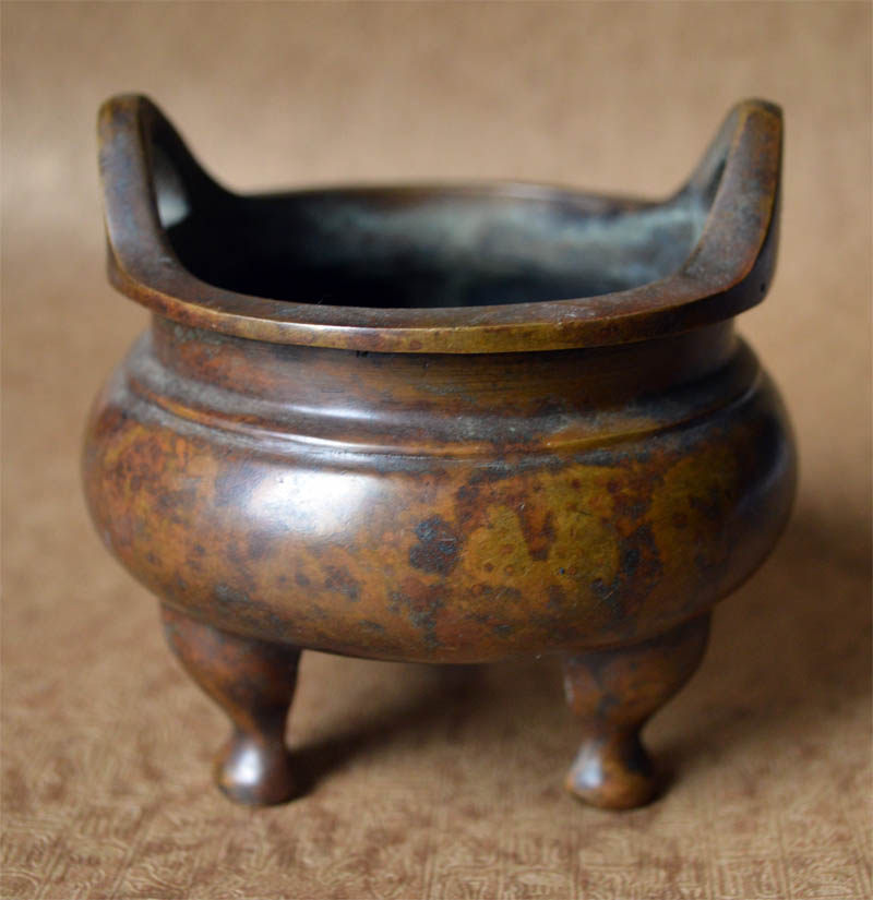 中国美術 大明宣徳年 宣徳銅 双耳竹装飾 三足 香炉