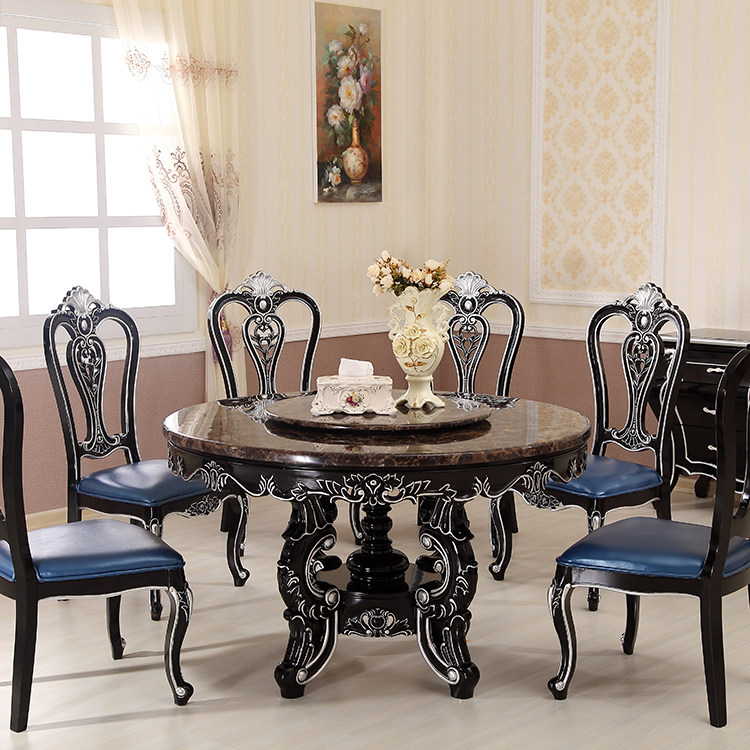 Birch European-style natural marble table solid wood carved round table dining table and chairs table 