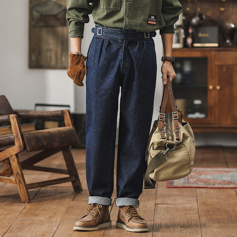 Italian-Style Naples Paris Button Blue Denim Straight High-Waisted Jeans for Men, Autumn Trendy Casual Men's Pants