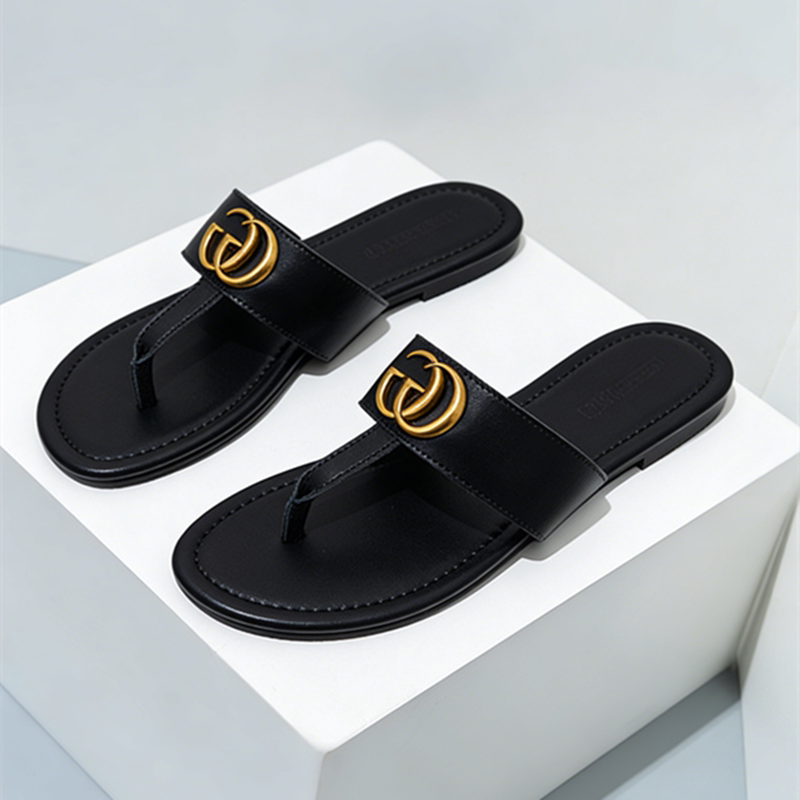 Genuine Leather Flip-Flops for Women 2026 New Summer Style Square-Toe Open-Toe Black Flat French-Style Sandals