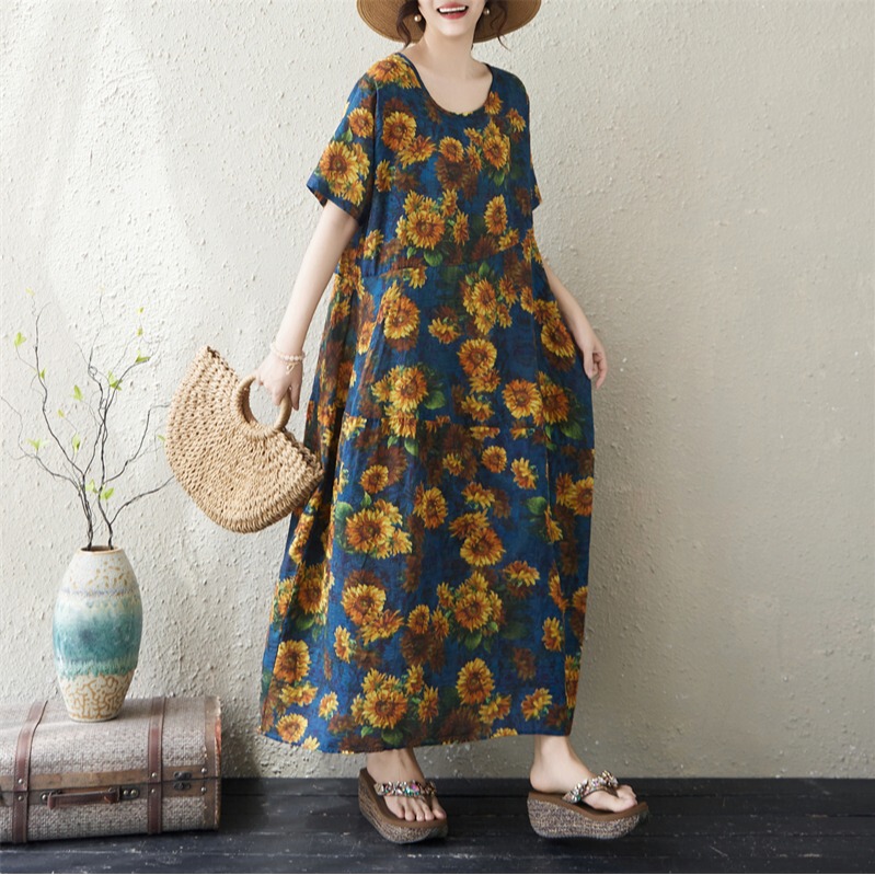 2026 Summer Japanese and Korean Foreign Trade Oil Painting Sunflower Print Round Neck Cocoon-Shaped Retro Figure-Flattering Long Cotton Linen Dress 2026 Summer Japanese and Korean Foreign Trade Oil Painting Sunflower Print Round Neck Cocoon-Shaped Retro Figure-Flattering Long Cotton Linen Dress