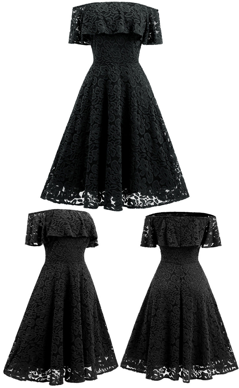 亚马逊蕾丝连衣裙黑色一字领-1