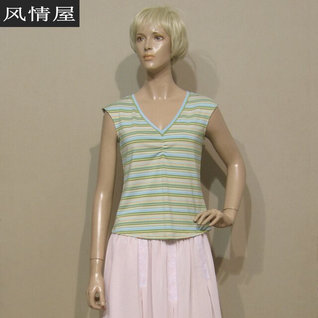 Women's Dini green striped T-shirt stretch knitted fabric summer style sleeveless slim V-neck slim counter genuine