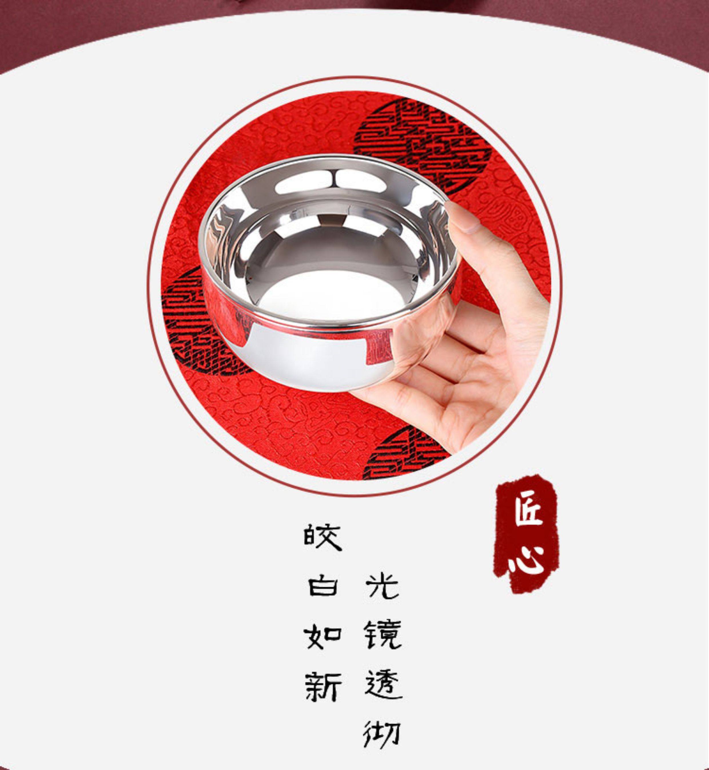 免運)全光面雙層大號純銀999足銀餐具套裝熟銀碗筷勺子三件套生日禮盒