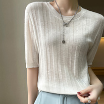 Sleeve head wool short sleeve beating bottom knit T-shirt pit bar short section 2024 spring womens new loose fine spinning round collar